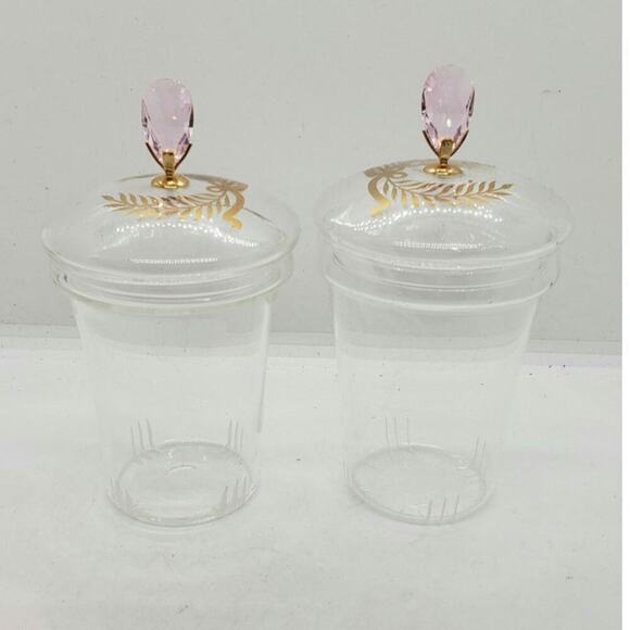 Vintage Crystal Jars Vanity Pair Gold Laurel Leaf Lid Amethyst glass Topper - Picture 5 of 10